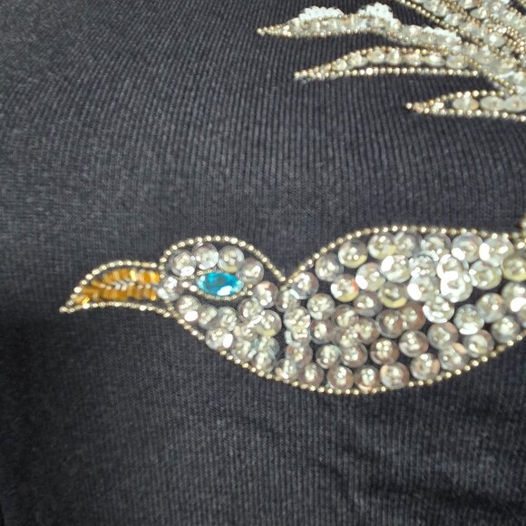 Vintage Black Sweater Silver Sequined Beaded Bird Size M High Neck 90s Y2K - Picture 6 of 11